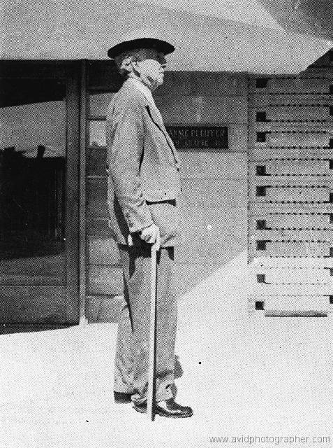 06-05-1950Intwright4-ws Frank Lloyd Wright standing at Annie Pfeiffer Chapel - Interlachen 1950